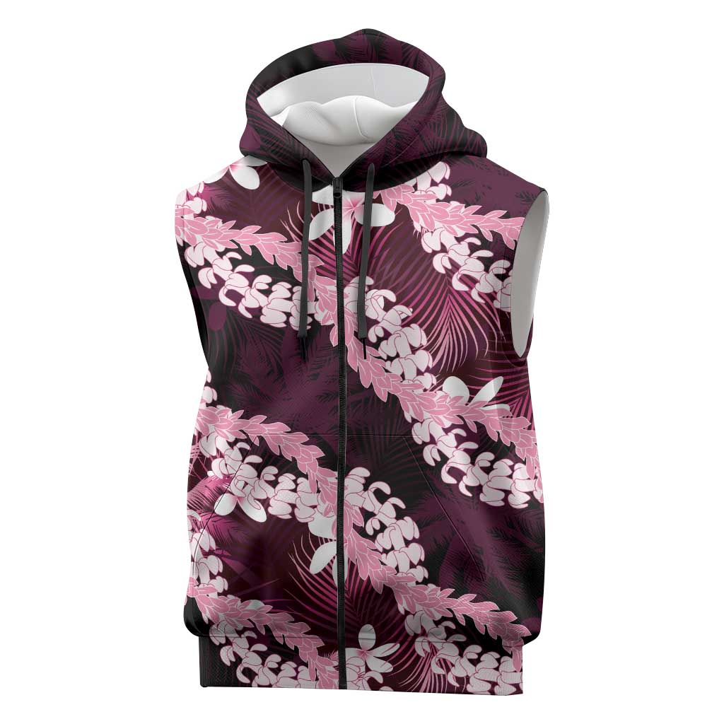 Puakenikeni Maile Lei Sleeveless Zip Hoodie Frangipani Pink Tropical Leaves