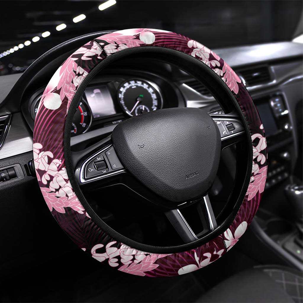 Puakenikeni Maile Lei Steering Wheel Cover Frangipani Pink Tropical Leaves