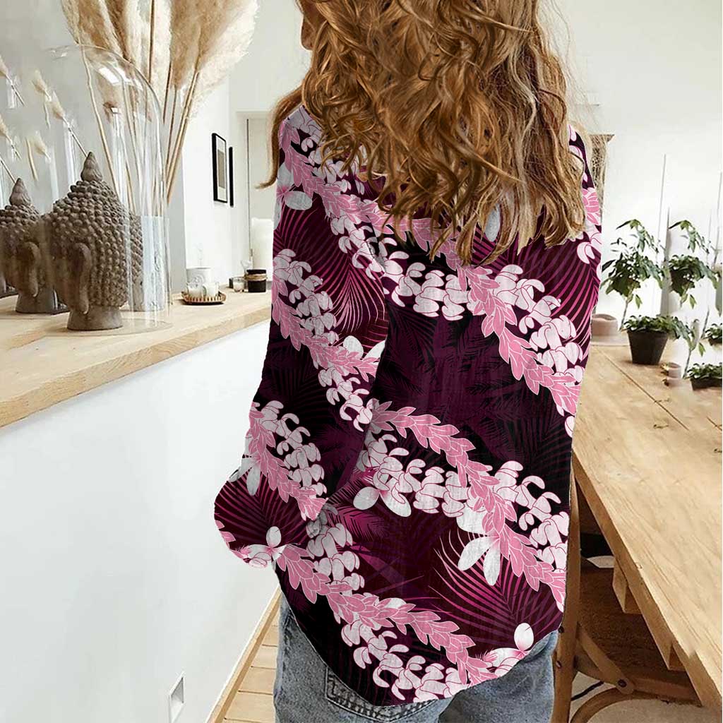 Puakenikeni Maile Lei Women Casual Shirt Frangipani Pink Tropical Leaves LT01 - Polynesian Pride