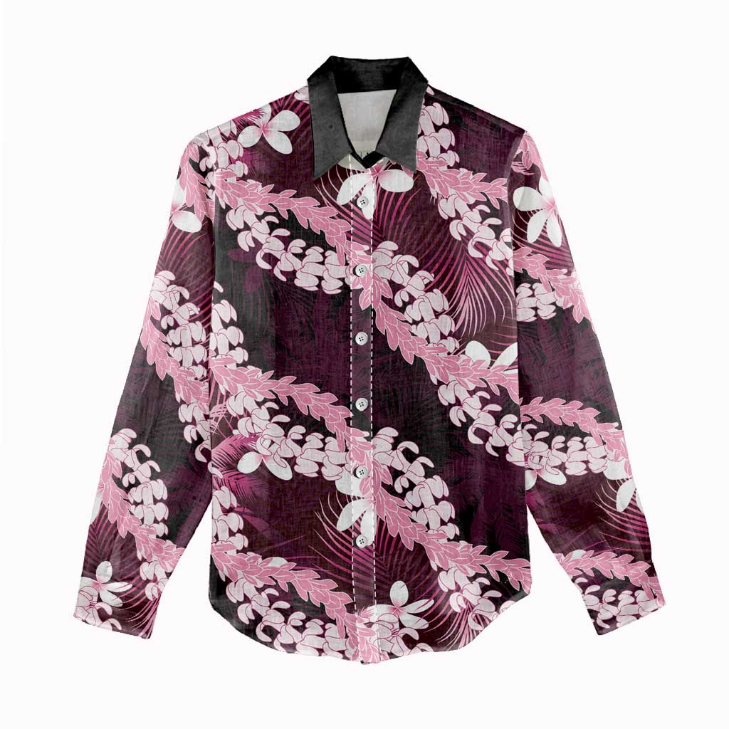 Puakenikeni Maile Lei Women Casual Shirt Frangipani Pink Tropical Leaves LT01 - Polynesian Pride