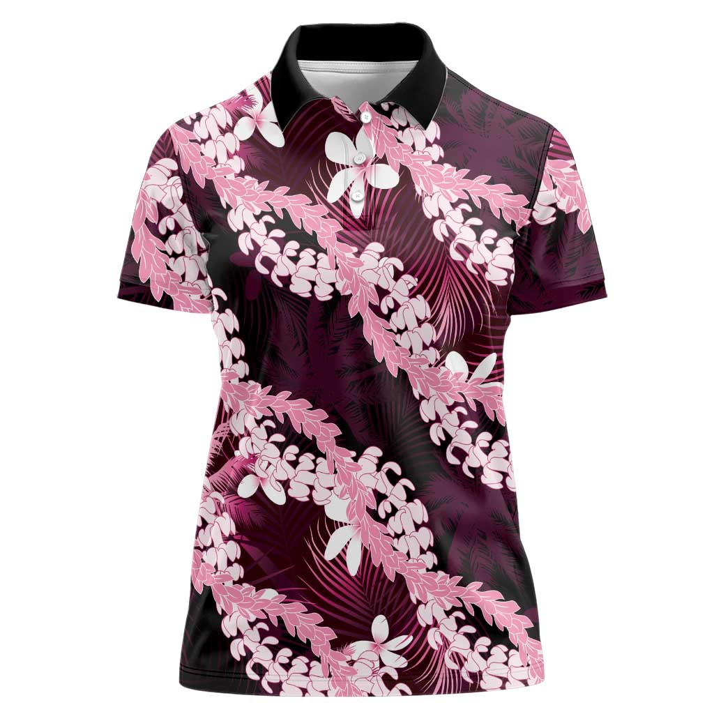 Puakenikeni Maile Lei Women Polo Shirt Frangipani Pink Tropical Leaves LT01 Female Pink - Polynesian Pride