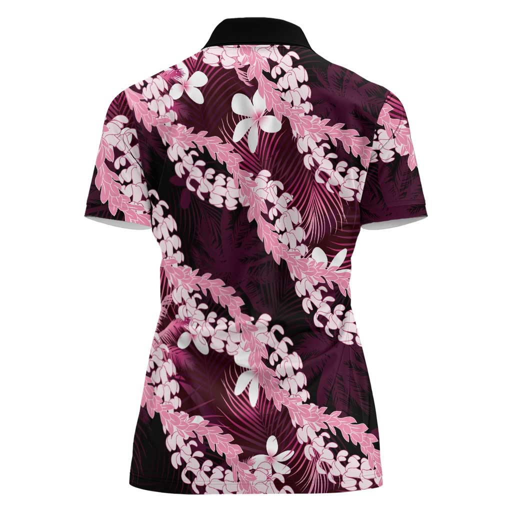 Puakenikeni Maile Lei Women Polo Shirt Frangipani Pink Tropical Leaves LT01 - Polynesian Pride