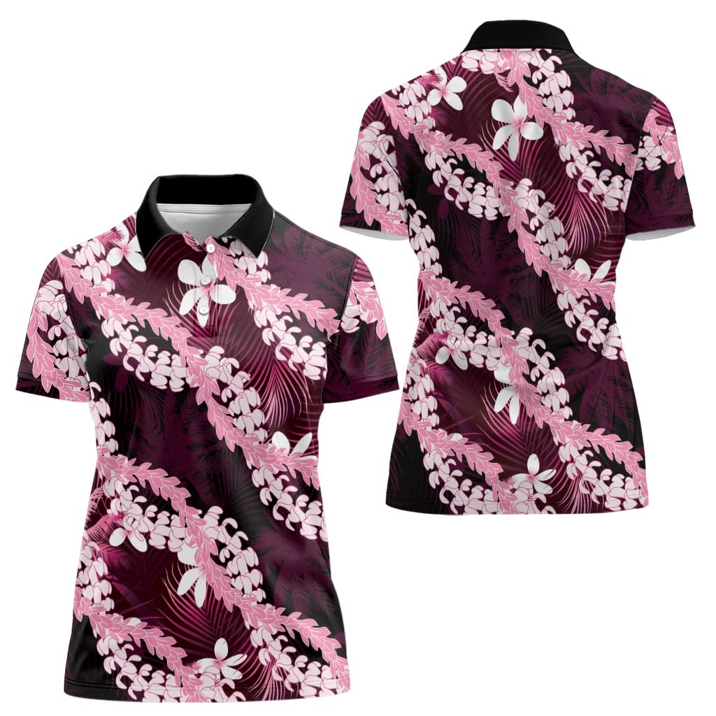 Puakenikeni Maile Lei Women Polo Shirt Frangipani Pink Tropical Leaves LT01 - Polynesian Pride