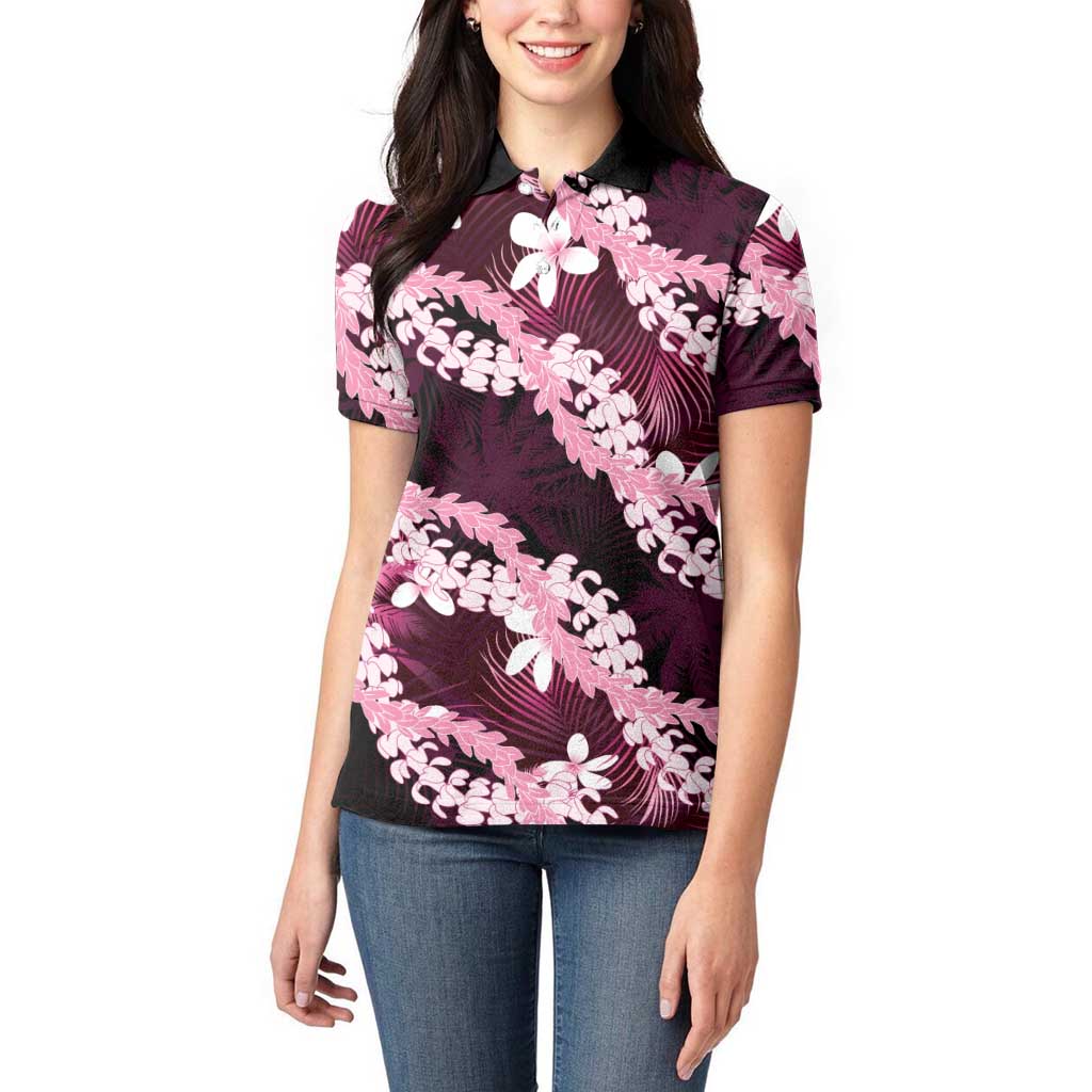 Puakenikeni Maile Lei Women Polo Shirt Frangipani Pink Tropical Leaves LT01 - Polynesian Pride