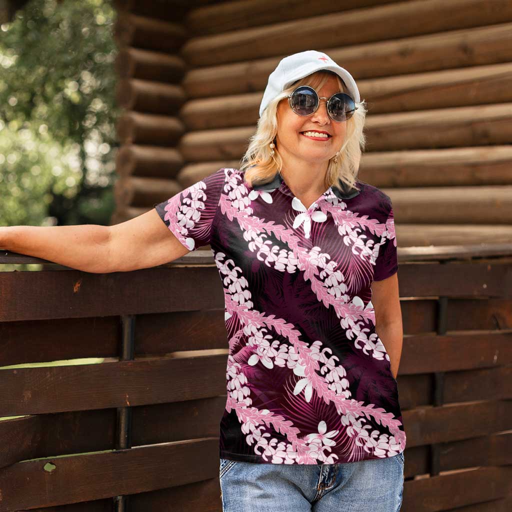 Puakenikeni Maile Lei Women Polo Shirt Frangipani Pink Tropical Leaves LT01 - Polynesian Pride