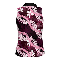 Puakenikeni Maile Lei Women Sleeveless Polo Shirt Frangipani Pink Tropical Leaves
