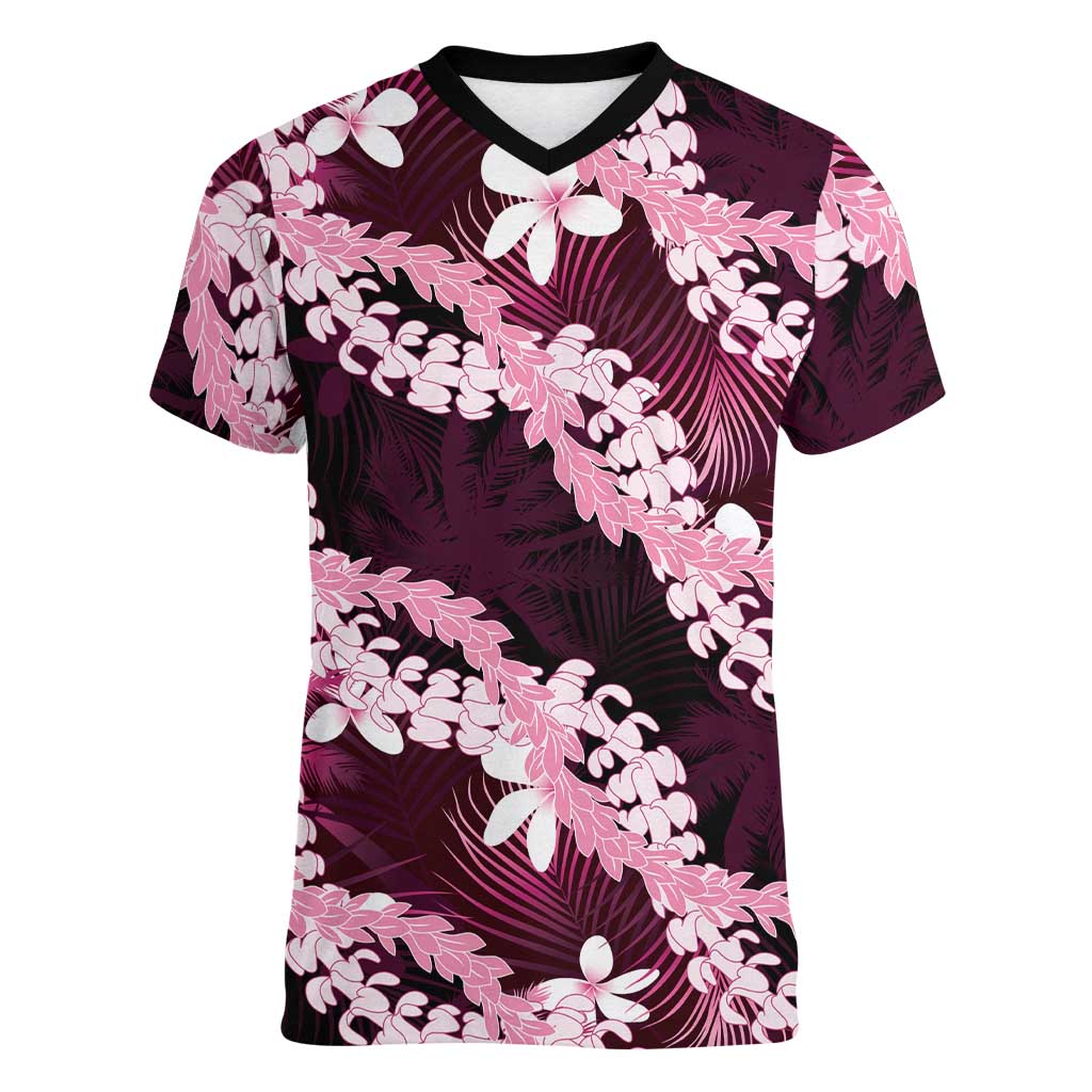 Puakenikeni Maile Lei Women V-Neck T-Shirt Frangipani Pink Tropical Leaves LT01 Female Pink - Polynesian Pride