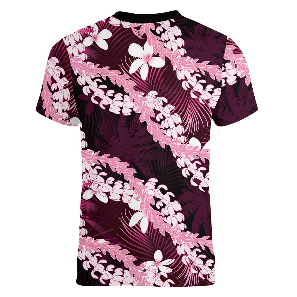 Puakenikeni Maile Lei Women V-Neck T-Shirt Frangipani Pink Tropical Leaves LT01 - Polynesian Pride