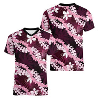 Puakenikeni Maile Lei Women V-Neck T-Shirt Frangipani Pink Tropical Leaves LT01 - Polynesian Pride