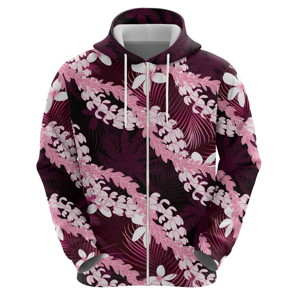 Puakenikeni Maile Lei Zip Hoodie Frangipani Pink Tropical Leaves LT01 - Polynesian Pride