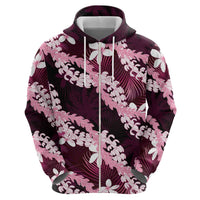 Puakenikeni Maile Lei Zip Hoodie Frangipani Pink Tropical Leaves LT01 - Polynesian Pride