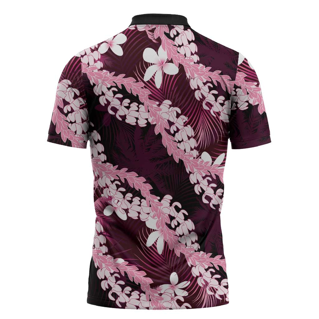 Puakenikeni Maile Lei Zipper Polo Shirt Frangipani Pink Tropical Leaves