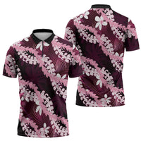 Puakenikeni Maile Lei Zipper Polo Shirt Frangipani Pink Tropical Leaves