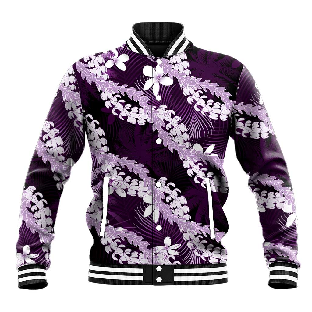 Puakenikeni Maile Lei Baseball Jacket Frangipani Purple Tropical Leaves