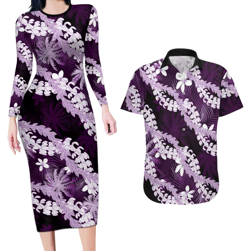 Puakenikeni Maile Lei Couples Matching Long Sleeve Bodycon Dress and Hawaiian Shirt Frangipani Purple Tropical Leaves LT01 Purple - Polynesian Pride