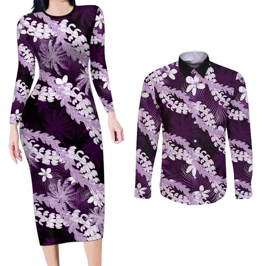 Puakenikeni Maile Lei Couples Matching Long Sleeve Bodycon Dress and Long Sleeve Button Shirt Frangipani Purple Tropical Leaves