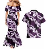Puakenikeni Maile Lei Couples Matching Mermaid Dress and Hawaiian Shirt Frangipani Purple Tropical Leaves