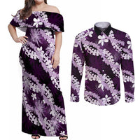 Puakenikeni Maile Lei Couples Matching Off Shoulder Maxi Dress and Long Sleeve Button Shirt Frangipani Purple Tropical Leaves