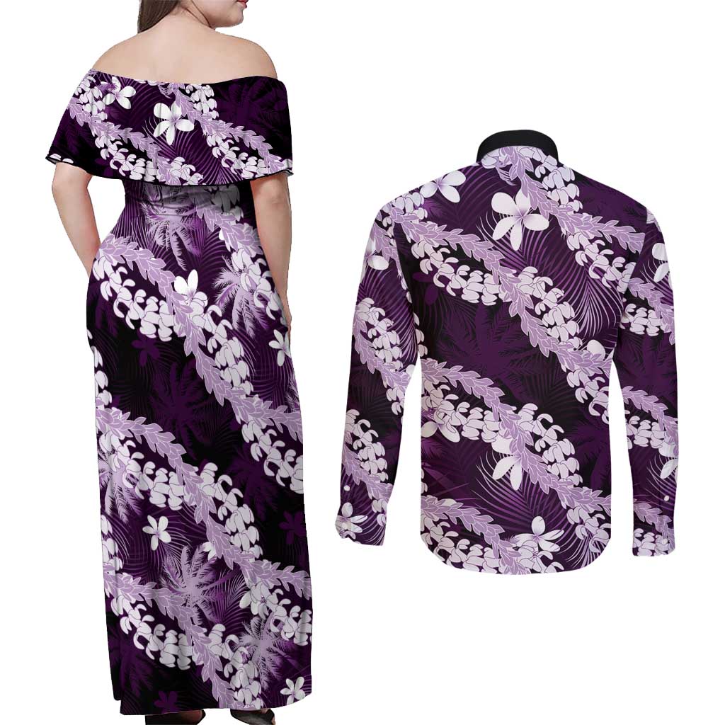 Puakenikeni Maile Lei Couples Matching Off Shoulder Maxi Dress and Long Sleeve Button Shirt Frangipani Purple Tropical Leaves