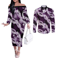 Puakenikeni Maile Lei Couples Matching Off The Shoulder Long Sleeve Dress and Long Sleeve Button Shirt Frangipani Purple Tropical Leaves LT01 Purple - Polynesian Pride