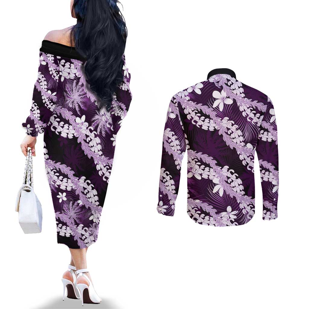 Puakenikeni Maile Lei Couples Matching Off The Shoulder Long Sleeve Dress and Long Sleeve Button Shirt Frangipani Purple Tropical Leaves LT01 - Polynesian Pride