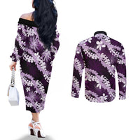 Puakenikeni Maile Lei Couples Matching Off The Shoulder Long Sleeve Dress and Long Sleeve Button Shirt Frangipani Purple Tropical Leaves LT01 - Polynesian Pride