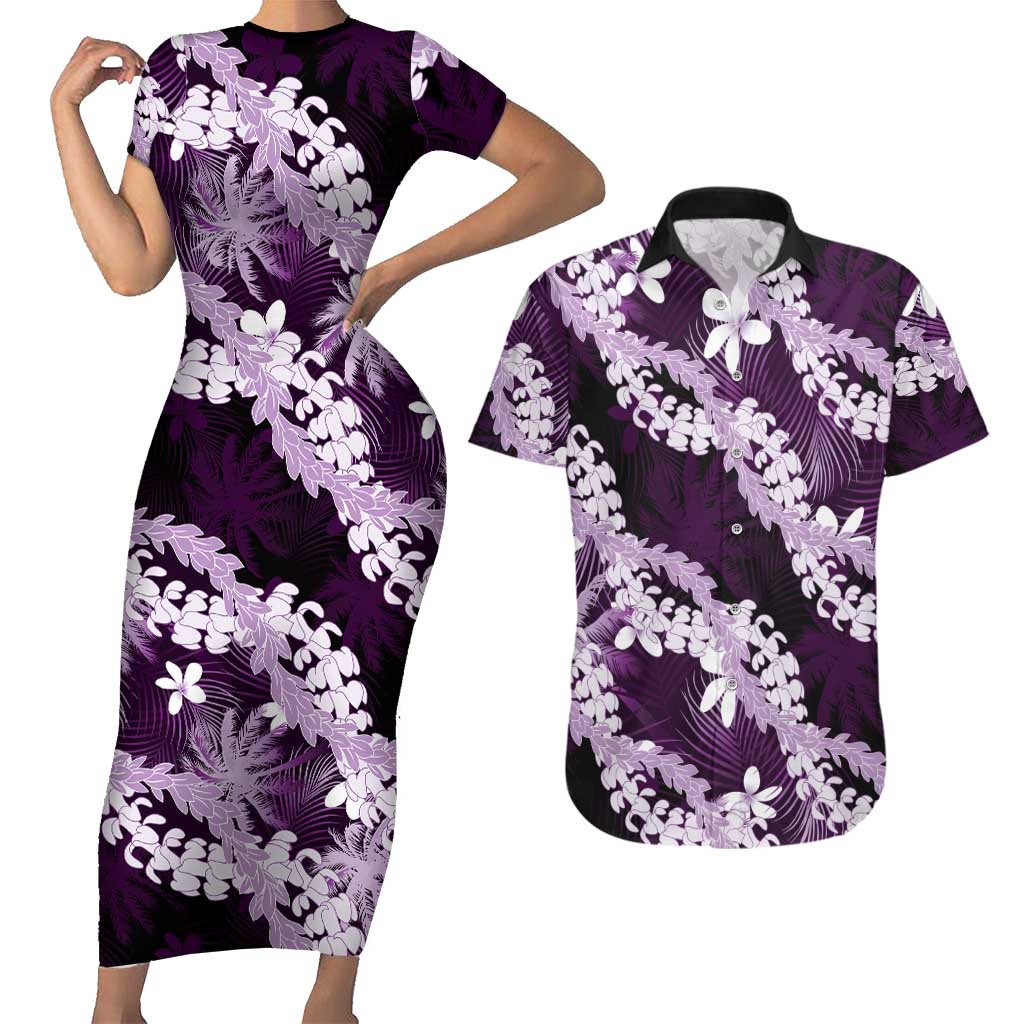 Puakenikeni Maile Lei Couples Matching Short Sleeve Bodycon Dress and Hawaiian Shirt Frangipani Purple Tropical Leaves LT01 Purple - Polynesian Pride
