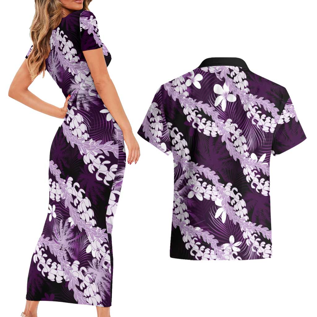 Puakenikeni Maile Lei Couples Matching Short Sleeve Bodycon Dress and Hawaiian Shirt Frangipani Purple Tropical Leaves LT01 - Polynesian Pride