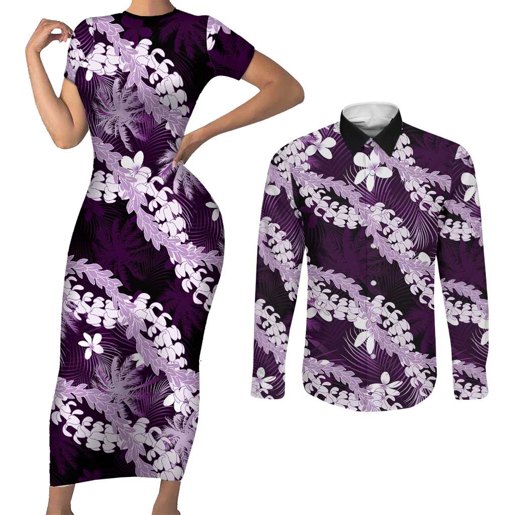 Puakenikeni Maile Lei Couples Matching Short Sleeve Bodycon Dress and Long Sleeve Button Shirt Frangipani Purple Tropical Leaves