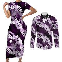 Puakenikeni Maile Lei Couples Matching Short Sleeve Bodycon Dress and Long Sleeve Button Shirt Frangipani Purple Tropical Leaves