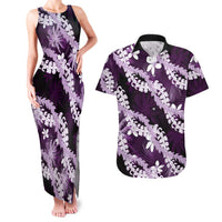 Puakenikeni Maile Lei Couples Matching Tank Maxi Dress and Hawaiian Shirt Frangipani Purple Tropical Leaves