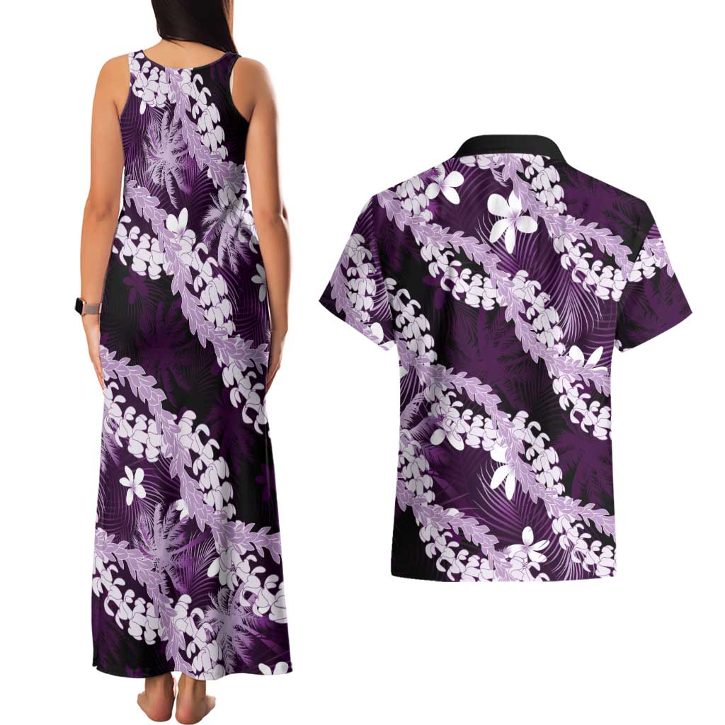 Puakenikeni Maile Lei Couples Matching Tank Maxi Dress and Hawaiian Shirt Frangipani Purple Tropical Leaves