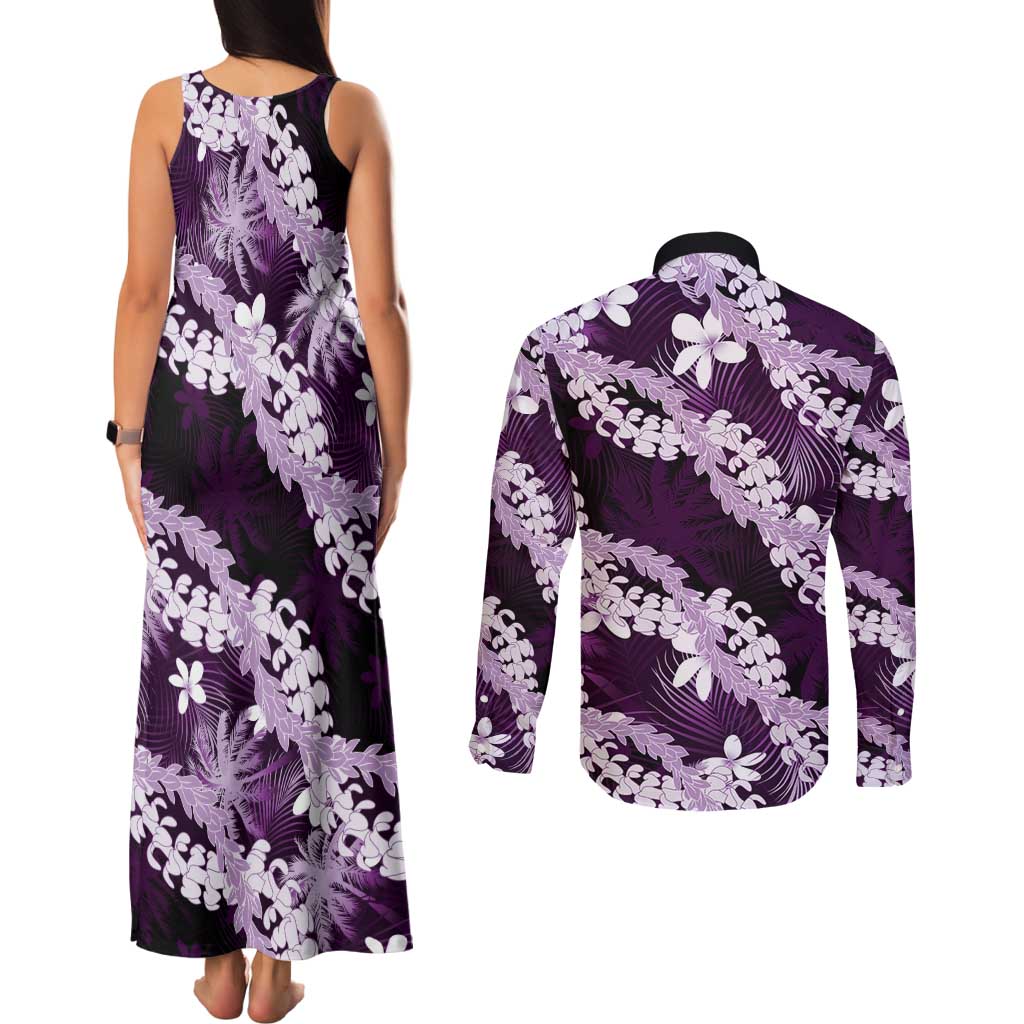 Puakenikeni Maile Lei Couples Matching Tank Maxi Dress and Long Sleeve Button Shirt Frangipani Purple Tropical Leaves