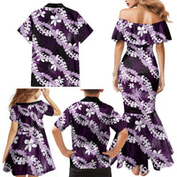 Puakenikeni Maile Lei Family Matching Mermaid Dress and Hawaiian Shirt Frangipani Purple Tropical Leaves