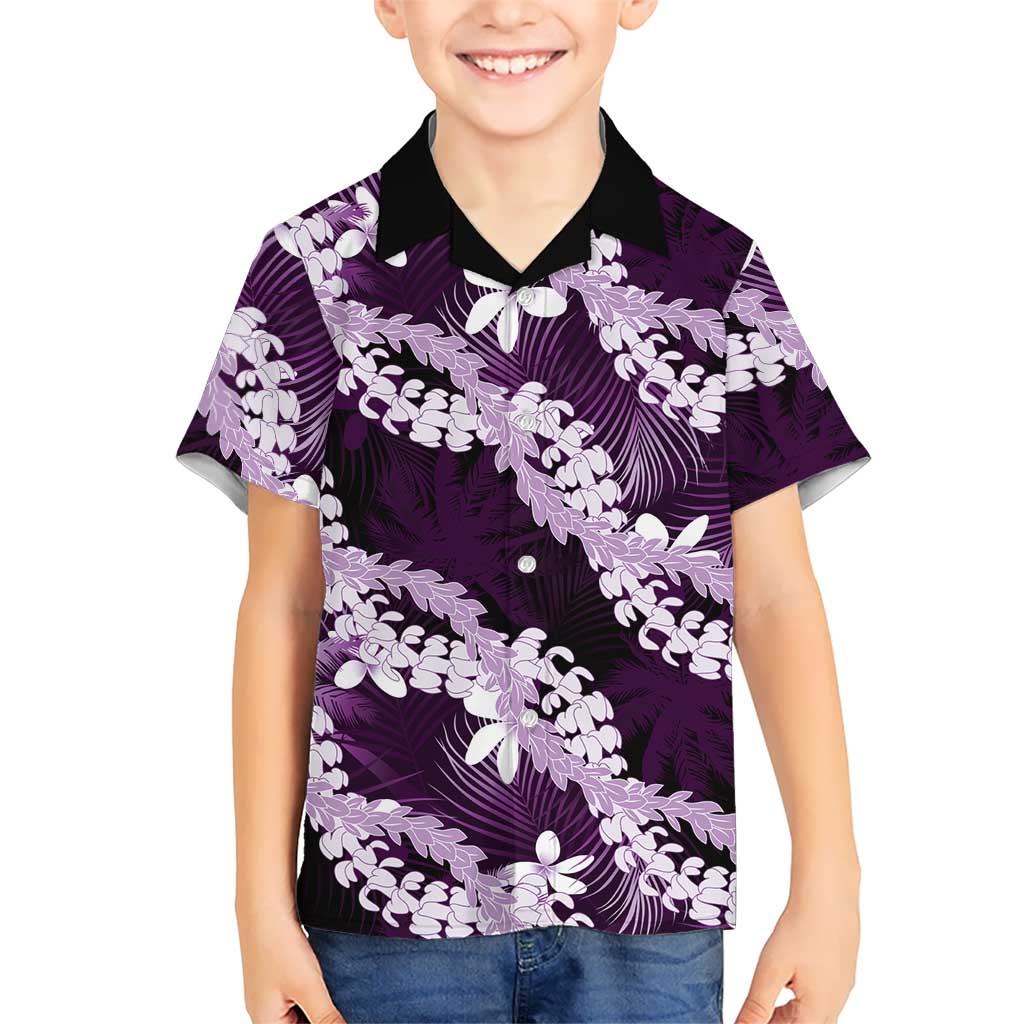 Puakenikeni Maile Lei Family Matching Mermaid Dress and Hawaiian Shirt Frangipani Purple Tropical Leaves