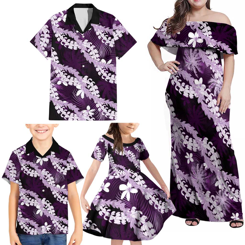 Puakenikeni Maile Lei Family Matching Off Shoulder Maxi Dress and Hawaiian Shirt Frangipani Purple Tropical Leaves