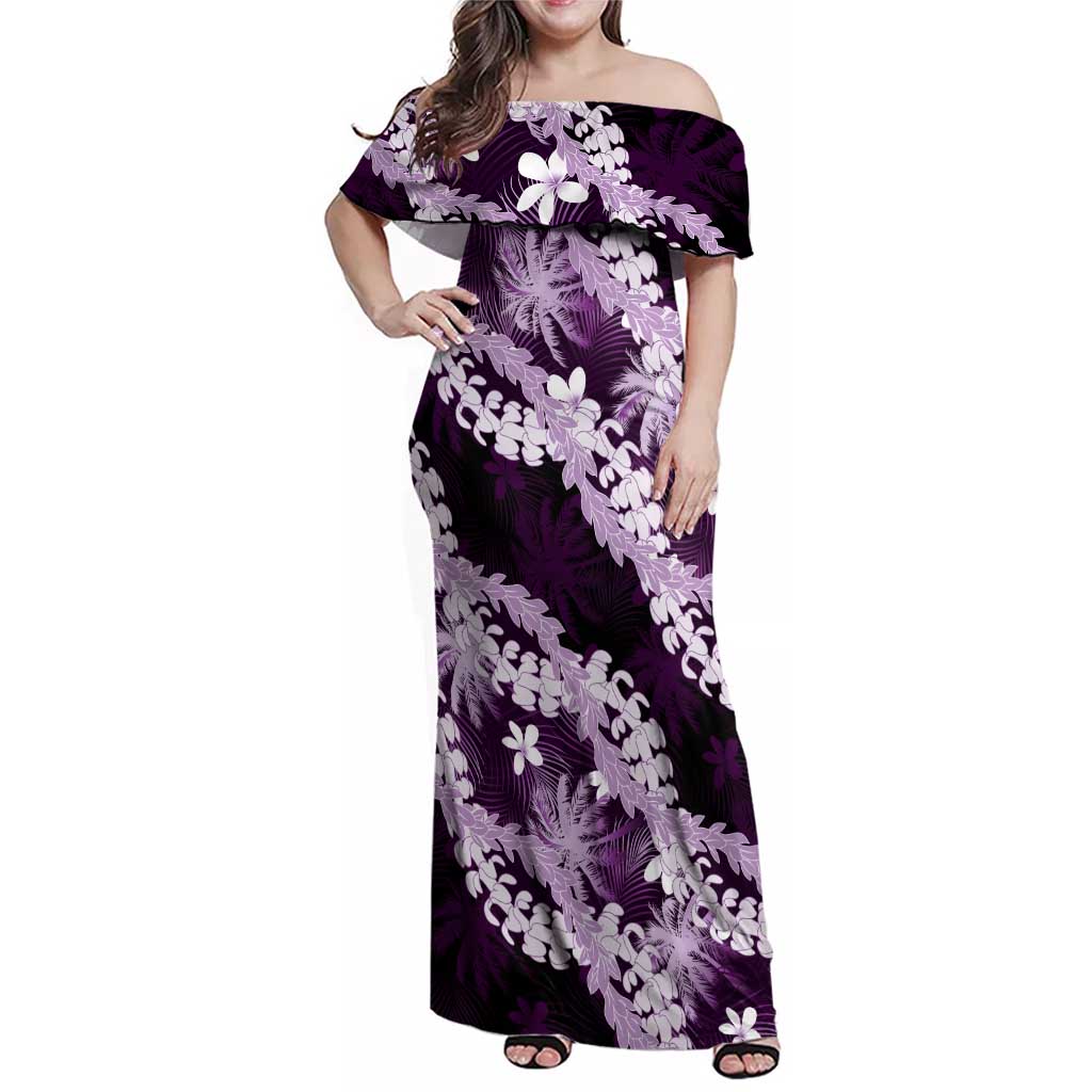 Puakenikeni Maile Lei Family Matching Off Shoulder Maxi Dress and Hawaiian Shirt Frangipani Purple Tropical Leaves
