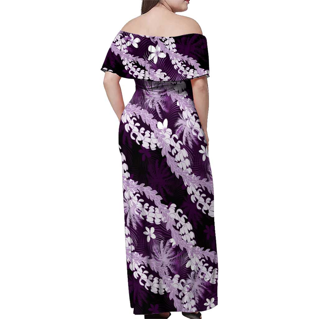 Puakenikeni Maile Lei Family Matching Off Shoulder Maxi Dress and Hawaiian Shirt Frangipani Purple Tropical Leaves
