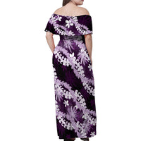 Puakenikeni Maile Lei Family Matching Off Shoulder Maxi Dress and Hawaiian Shirt Frangipani Purple Tropical Leaves