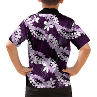 Puakenikeni Maile Lei Family Matching Off Shoulder Short Dress and Hawaiian Shirt Frangipani Purple Tropical Leaves