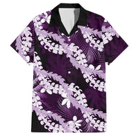 Puakenikeni Maile Lei Family Matching Off Shoulder Short Dress and Hawaiian Shirt Frangipani Purple Tropical Leaves