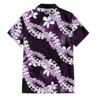 Puakenikeni Maile Lei Family Matching Off Shoulder Short Dress and Hawaiian Shirt Frangipani Purple Tropical Leaves