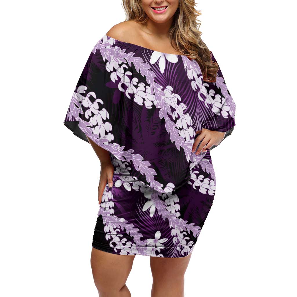 Puakenikeni Maile Lei Family Matching Off Shoulder Short Dress and Hawaiian Shirt Frangipani Purple Tropical Leaves