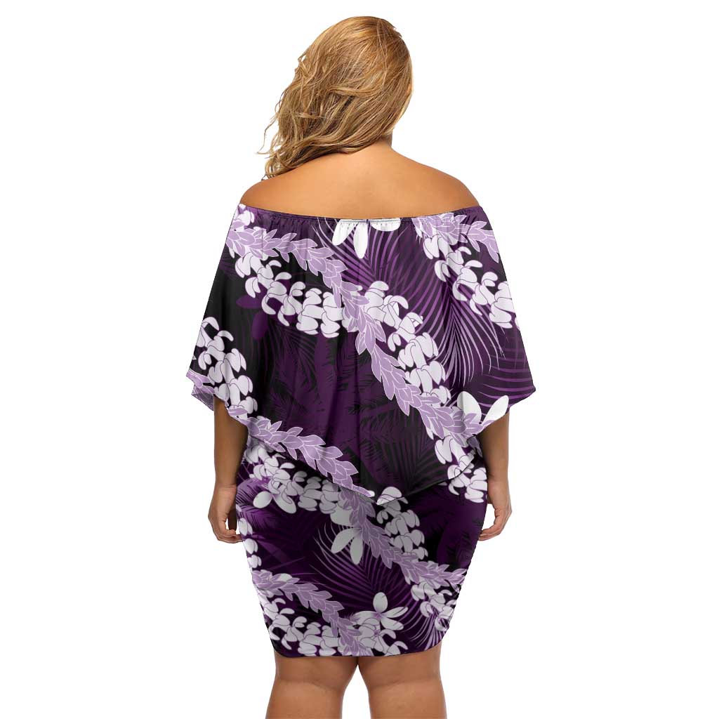Puakenikeni Maile Lei Family Matching Off Shoulder Short Dress and Hawaiian Shirt Frangipani Purple Tropical Leaves