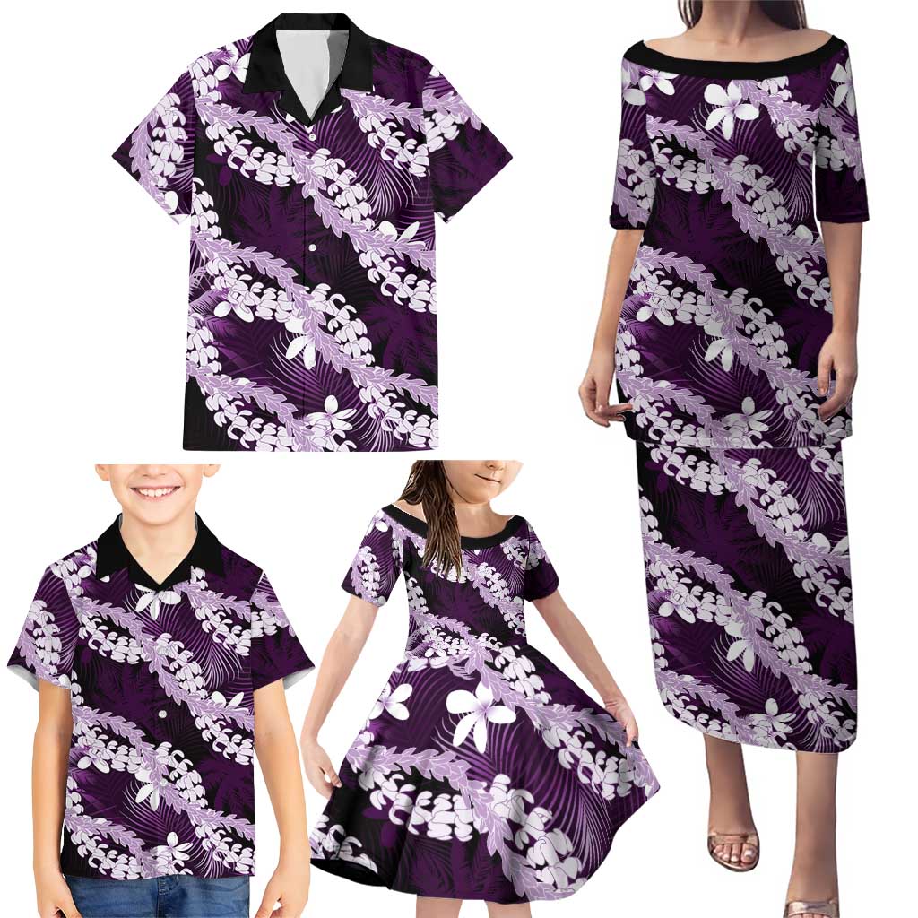 Puakenikeni Maile Lei Family Matching Puletasi and Hawaiian Shirt Frangipani Purple Tropical Leaves