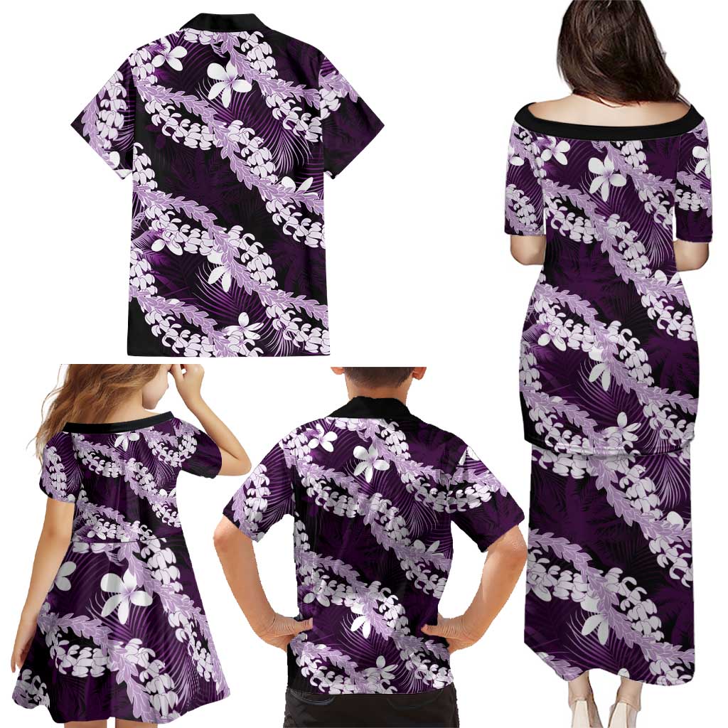 Puakenikeni Maile Lei Family Matching Puletasi and Hawaiian Shirt Frangipani Purple Tropical Leaves