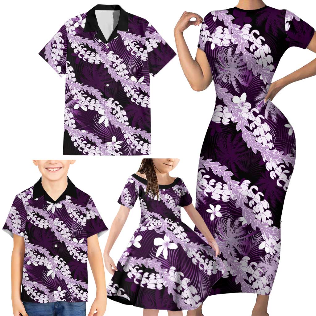 Puakenikeni Maile Lei Family Matching Short Sleeve Bodycon Dress and Hawaiian Shirt Frangipani Purple Tropical Leaves