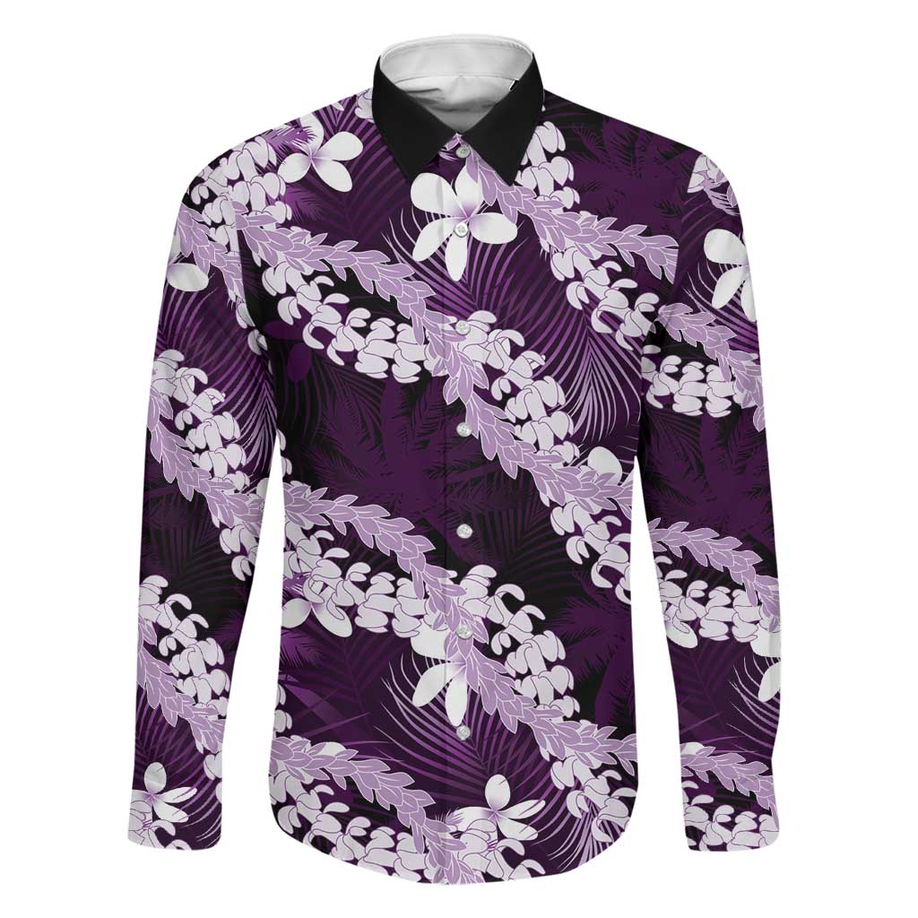 Puakenikeni Maile Lei Family Matching Short Sleeve Bodycon Dress and Hawaiian Shirt Frangipani Purple Tropical Leaves