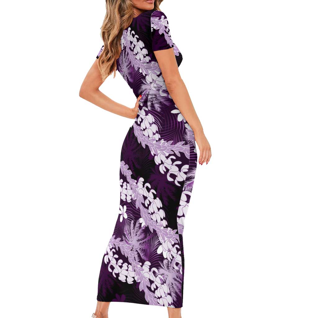 Puakenikeni Maile Lei Family Matching Short Sleeve Bodycon Dress and Hawaiian Shirt Frangipani Purple Tropical Leaves