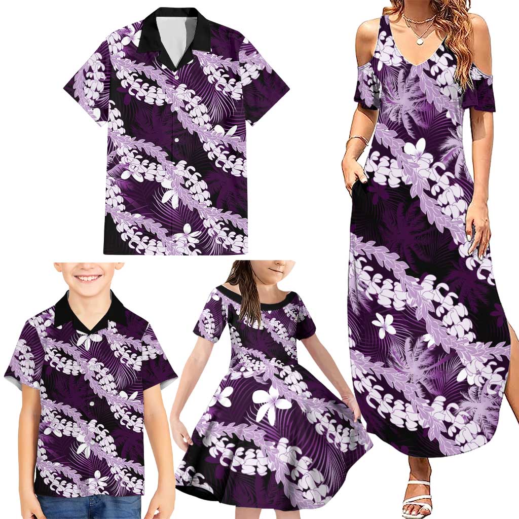 Puakenikeni Maile Lei Family Matching Summer Maxi Dress and Hawaiian Shirt Frangipani Purple Tropical Leaves